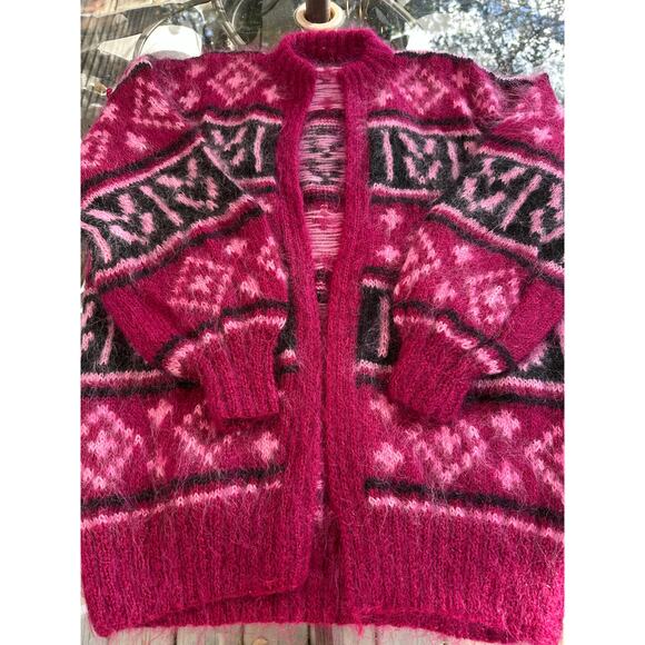 Vintage mohair-blend cardigan Fair Isle magenta black open front hand knitted - Picture 10 of 11